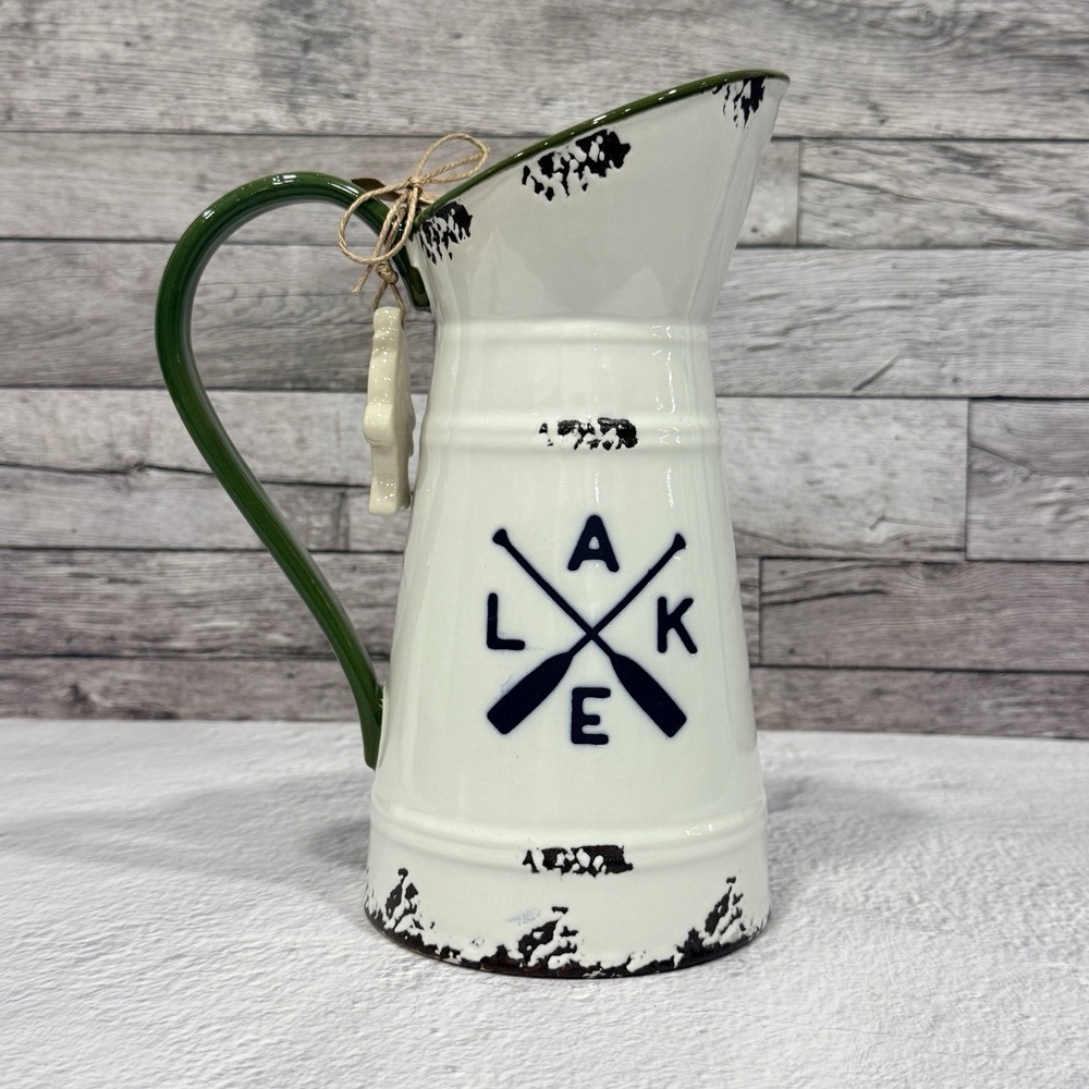 Mud Pie Lake Stoneware Pitcher White Green Distressed Farmhouse Decor 45500145